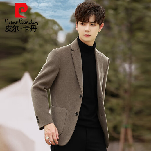 皮尔卡丹毛呢西装外套男春秋季休闲韩版羊毛西服上衣加厚双面呢大衣短款 黑色 M 170