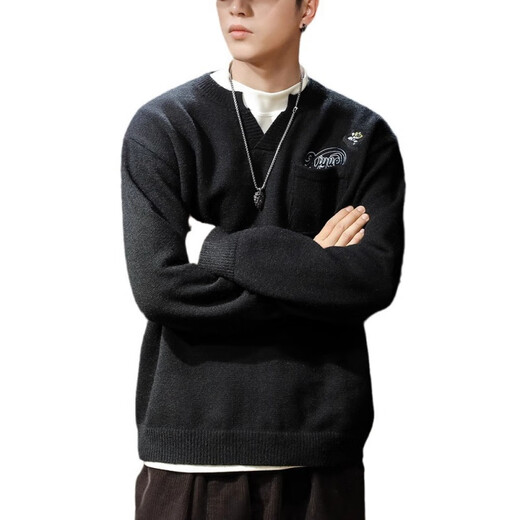 AEMAPE brand sweater men's 2025 early spring new trendy brand loose Henry collar embroidered sweater men's sweater top black L suitable for 125-145Jin Jin equals 0.5 kg