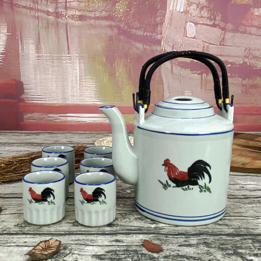 Pengbo Furui old-fashioned herbal teapot nostalgic ceramic teapot large household high temperature resistant large capacity single pot tea making rooster kettle green chicken 1.6 liter pot with 6 half-grain cups 1L or more