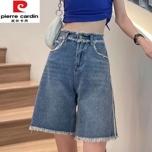 Pierre cardin denim shorts for women 2025 summer new five-point student retro high waist straight mattress loose hips to make them look thin 679 ripped black S