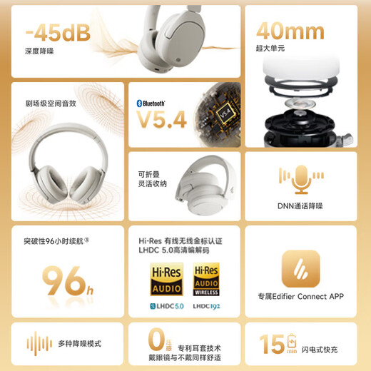 Ride (EDIFIER) [same as Wang Yibo] W830NB head-mounted wireless Bluetooth headset active noise reduction dual gold standard upgraded version of ultra-long battery life game call headset holiday gift morning light white