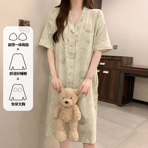 另约新中式睡裙女带胸垫夏季短袖复古风高级感睡衣连衣裙春秋款家居服 5155 绿色花朵 带胸垫 XXL