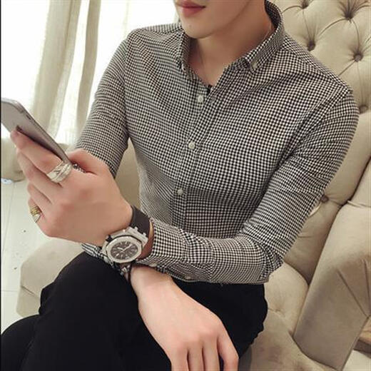 
MGJO flannel shirt men's plaid shirt men's long sleeves 12 spring and autumn high-end inner wear Korean style trendy slim fit and handsome no-iron casual business shirt 9923 small plaid black L 115Jin [Jin equals 0.5 kg] wear below