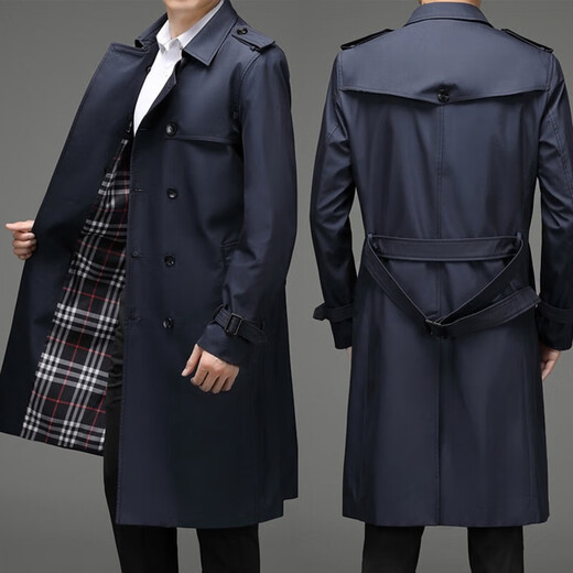 DIFANPU luxury high-end brand mid-length windbreaker men's business casual spring and autumn solid color lapel double-breasted commuter coat navy blue long 2XL 185