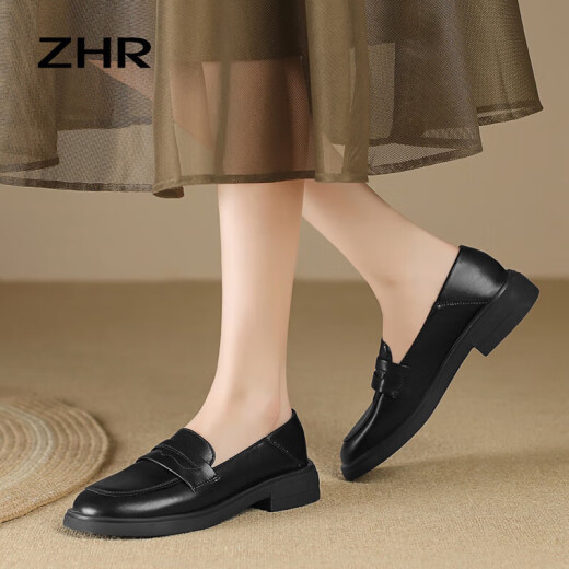 ZHR single shoes for women British style small leather shoes women's comfortable and breathable women's shoes flat loafers AH363 black 37