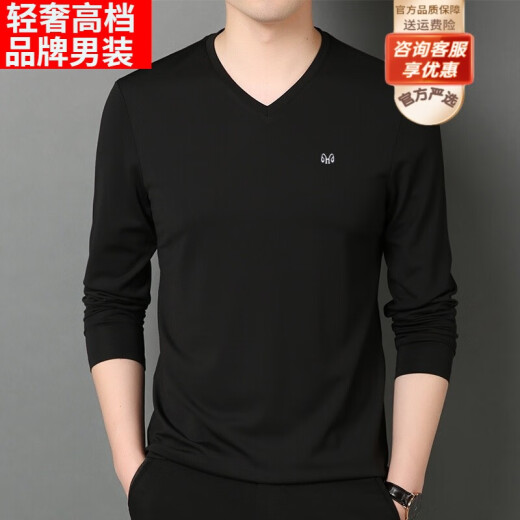 花花公子（PLAYBOY）品牌高端男装 2021春秋季V领桑蚕丝长袖T恤男莫代尔鸡心领打底衫 BB1506黑色 XL 180/115