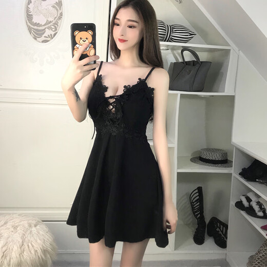 Jingya nightclub dress with low cut sexy clothes nightclub small V-neck women's suspender skirt slim and belly-covering skirt Black XL