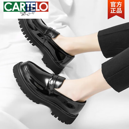 
CARTELO Loafers men's thick sole heightened British style round-toe casual leather shoes business formal wear big head men's shoes trend 698 soft leather black 39