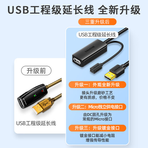 山泽USB2.0工程级延长线10米公对母数据连接线无线网卡打印机摄像头延长器带信号放大有供电接口FD-10U