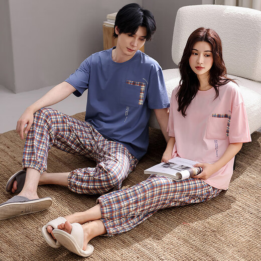 Yiduo couple pajamas men's summer thin cool cotton short-sleeved trousers summer casual large size women's home clothes set