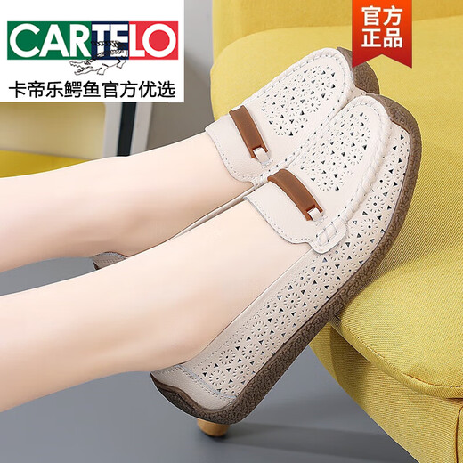 Cartelo Bean Schuhe Frauenschuhe 2025 Neues Sommer Echtes Leder flacher Schuhe nicht rutschernde atmungsaktive weiche alleinige Frühlings- und Herbst-Mutterschuhe 826 Beige Hollow 38