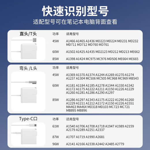 骐源MP苹果笔记本电脑充电器60W 适用MacBook Pro A1278 A1181 A1184 1.7米电源适配器线磁吸直头L型