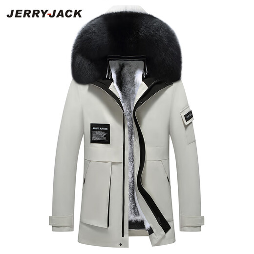 JERRYJACK men's parka with full mink fur lining and removable fur one-piece winter warm coat, fashionable men's coat, off-white + silver fox fur collar + white mink lining M/170