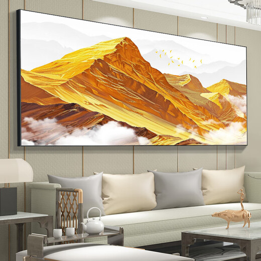 皖西秘境山水风景靠山挂画大气办公室壁画日照金山油画客厅沙发背景墙装饰 CT-3524-背靠金山 宽280cm高110cm(3.5米沙发) 【油画布】+黑铝框（5%客户选）