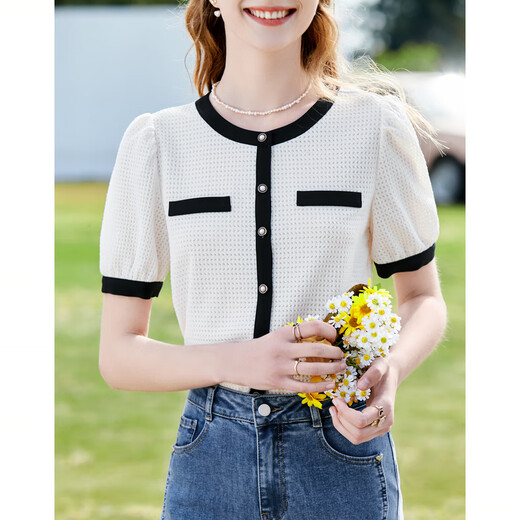 Betu women's summer new shirt French style round neck elegant commuting shirt women 2303T54 off-white S