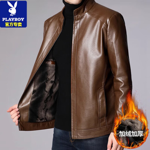 Playboy (PLAYBOY) leather jacket for men middle-aged dad autumn and winter leather jacket for men plus velvet thickened warm jacket for middle-aged and elderly soft leather top 29300 black thin XL suitable for 115 Jin [Jin equals 0.5 kg] to 130 Jin [Jin equals 0.5 kg]