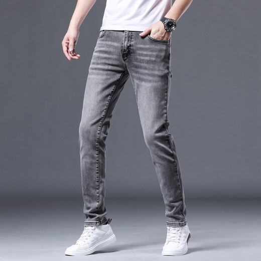 Muzhi Hong Kong Trendy European High-End Rauchgrau Jeans Frühling und Sommer Schlanke Füße trendy lässige und vielseitige Hose Grau 1048 31