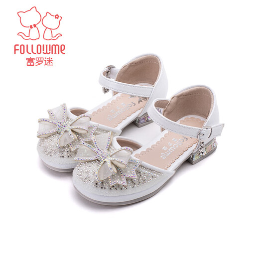 Fuluo Mi Girls Sweet Bow Rhinestone Princess Shoes Fashionable Soft Sole Crystal Shoes Pearlescent White 34