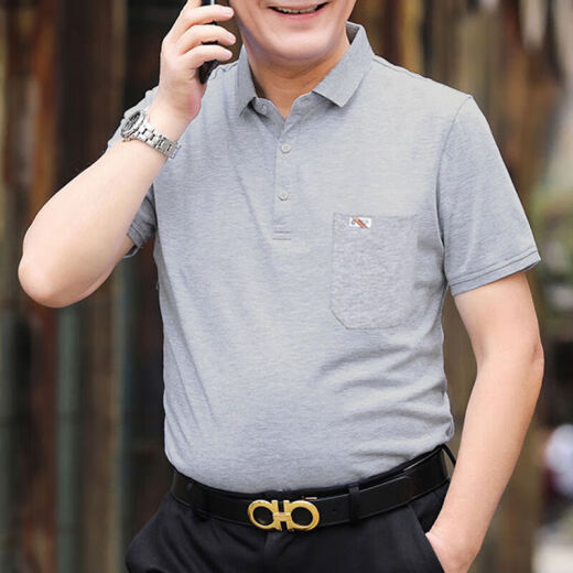 贝吉棋新疆棉夏季短袖t恤棉的男士宽松中老年人翻领带口袋爸爸装大红色 反(领)701宝蓝色 52# 【135-150斤】