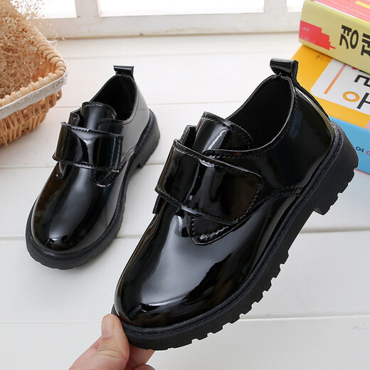 Ershanji Boys Leather Shoes Black Children's Campus Small Leather Shoes Soft Sole Performance Shoes New Performance Little Boys British Students Black Velcro Style 34 Size Inner Length 21.5cm