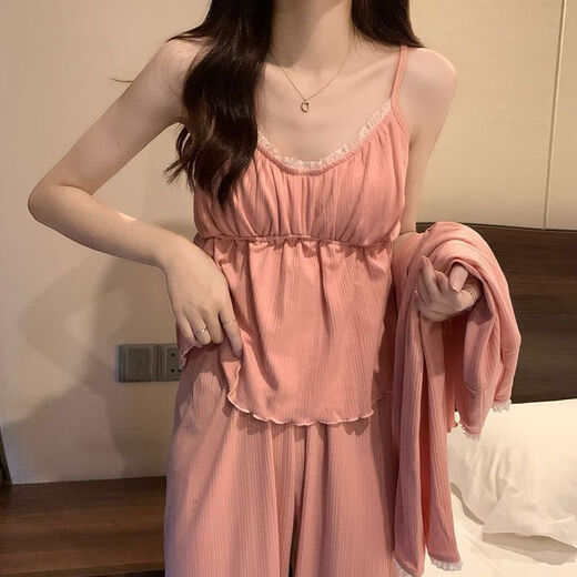 
Catman four-season pajamas for women pure cotton 2025 new pure and sweet style with chest pad simple blue three-piece set 831 mist blue chest pad removable XL Recommended 110-125Jin [Jin equals 0.5 kg]
