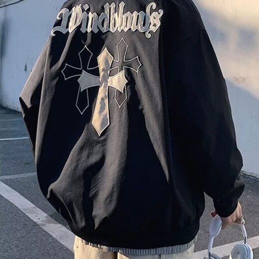 POUM jacket men's European and American high street jacket men's and women's trendy brand handsome couple autumn American baseball uniform men's casual loose JS-898 black regular L (120-135Jin Jin equals 0.5 kg)