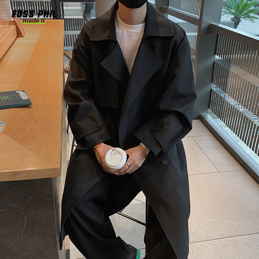 Foss Phil Mantel Herren Herbst und Winter trendige Marke koreanische lose mittellange Windjacke neue Herren DF275 schwarz XL