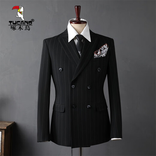 Woodpecker (TUCANO) Men's Suit Suit Casual Business Formal Wear Groomsmen's Suit Groom Wedding Double-breasted Striped Suit Jacket Men's Dark Blue (Suit+Vest+Trousers) 3XL 56(145-158Jin Jin equals 0.5kg)