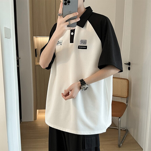 Katuchi Short-sleeved T-shirt for men's summer Japanese fashion brand heavyweight polo T-shirt college style contrast loose half-sleeved T-shirt Black L Recommended 100-120 Jin [Jin equals 0.5 kg]