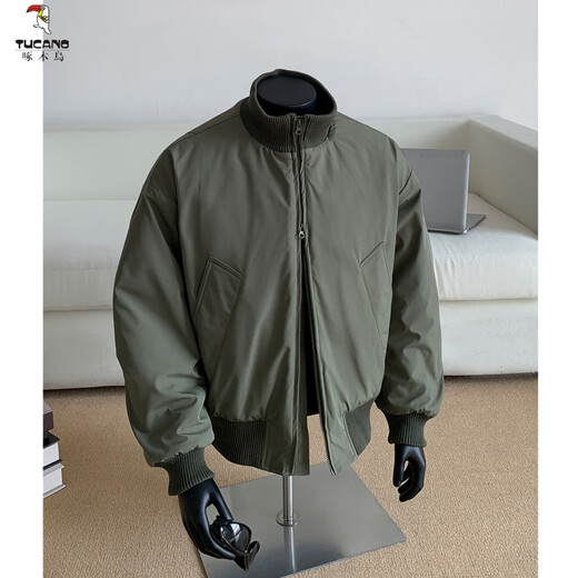 Woodpecker (TUCANO) American short stand-collar flight jacket men's winter fashion brand high street handsome baseball uniform cotton coat silhouette jacket black XL