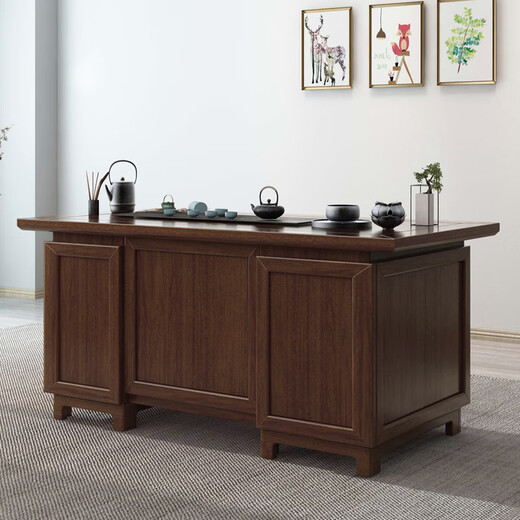 Cossenger walnut solid wood boss desk office desk new Chinese desk combination bedroom computer simple office desk writing table 2.0 meter boss desk + double side cabinet + chair + 6 door bookcase