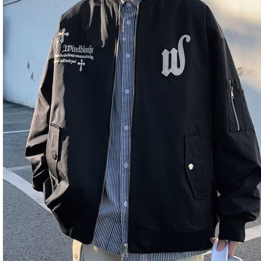 POUM jacket men's European and American high street jacket men's and women's trendy brand handsome couple autumn American baseball uniform men's casual loose JS-898 black regular L (120-135Jin Jin equals 0.5 kg)