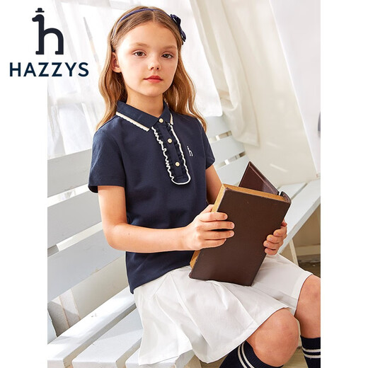 HAZZYS brand children's clothing for girls summer new style elastic breathable simple slimming classic lapel short-sleeved polo shirt navy 130