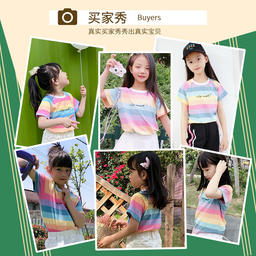 Pitt Pitt Girls Kurzarm T-Shirt Sommer 2025 Neue große Kinder Halbärmel Regenbogenstreifen t Kinder modisch Top Sommer 9889 Weiß 140 cm
