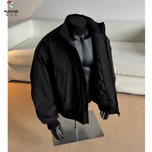 Woodpecker (TUCANO) American short stand-collar flight jacket men's winter fashion brand high street handsome baseball uniform cotton coat silhouette jacket black XL