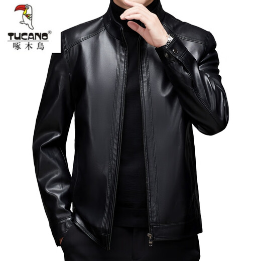 Woodpecker (TUCANO) Haining genuine leather jacket men's velvet thickened sheepskin plus fat plus size leather jacket dad jacket men's black velvet 175/L recommended 120-140Jin Jin equals 0.5 kg