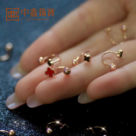 Zhongxin Jewelry Four-leaf Clover Color Gold Earrings Women's 18k Gold Twist Screw Hook Earrings Small 750 Rose Gold Ear Hook Ear Buckle Double Ear Hole Red Four-leaf Clover Hook Earrings (Single Edition)