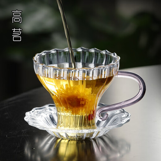 Gao Ming small glass tea cup with handle for ladies tea cup Kung Fu tea Pu'er tea green tea tea set coffee cup bamboo hat water cup petal small tea cup pink handle with coaster 100ml