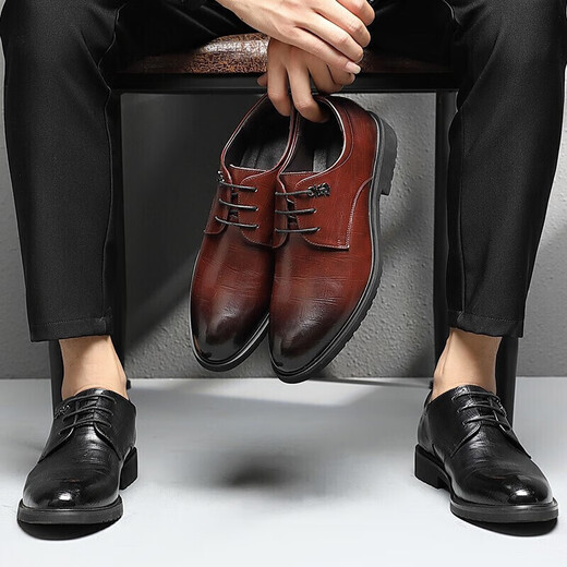 
CARTELO men's leather shoes breathable cowhide formal shoes versatile low-top lace-up inner heightened leather shoes men's Z9274 black 42