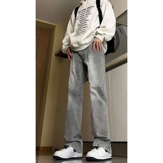 潮韩都纯色水泥烟灰色牛仔裤皮带男款感微喇裤子美式高街百搭休闲裤 G841水泥灰 S