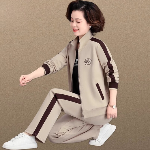 皮尔卡丹中老年女装运动套装女加绒加厚冬季大码中年妈妈装秋冬外套上衣 FQJnD3hj3hj9756 浅卡其 (春秋款 XLL (建议105斤以下)