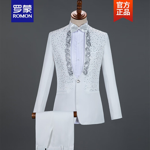 ROMON light luxury performance clothing male adult stand-up collar sequined singer host clothing stage chorus men's dress suit new product white buy jacket + pants + bow tie 185/96A
