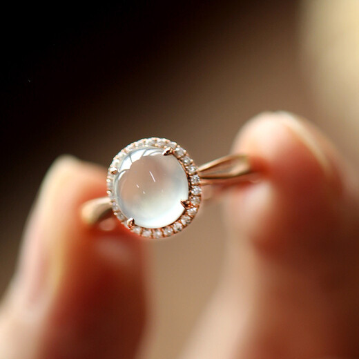 Haikai light luxury Burmese ice jade ring 18K gold inlaid jade cabochon women's ring engagement ring free white high ice white cabochon ring