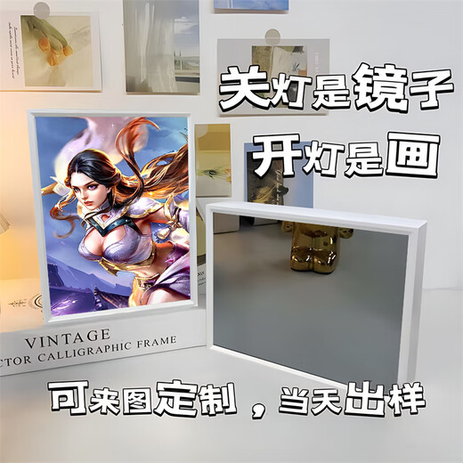 王者荣耀镜子灯光画书房小夜灯摆件卧室床头礼物三色氛围灯送闺蜜 15122 刘备 镜子白框16.5*21插电款