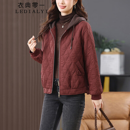 LEDIALYI fashion hooded middle-aged quilted baseball jacket for women 2025 winter new high-end casual thin cotton jacket maroon M (recommended 95-120 Jin Jin equals 0.5 kg)