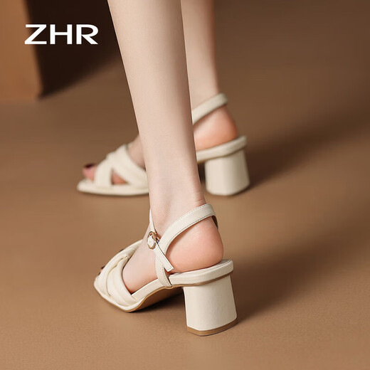 
ZHR Sandals for women in summer elegant one-strip thick heels for women's shoes gentle solid color high heels for women Y683 beige 38