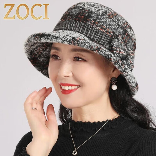 ZOCI middle-aged and elderly hats for women in autumn and winter mother's woolen hat thickened granny cloth basin hat spring and autumn casual fisherman hat woolen lining with velvet - gray adjustable 54-58cm