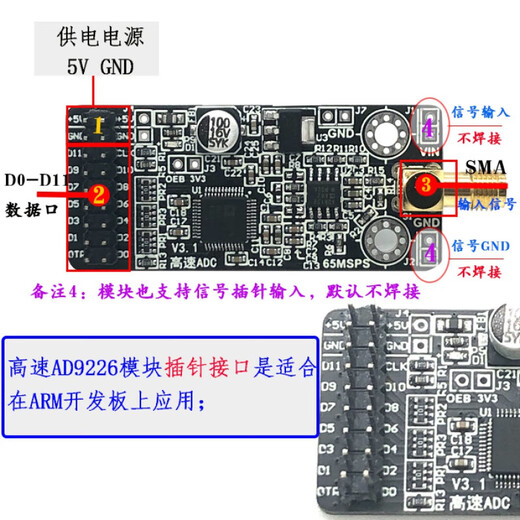 AD9226模块高速AD并行12位65M高速数据采集FPGA STM32 电源插针-QFP 无