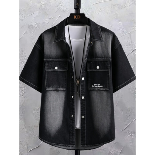 Woodpecker (Tucano) Denim-Kurzärmel-Hemd Herren Retro Thin Trendy Casual Top Teenager Student mit Taschenhälfte T698 Black XL Geeignet für Gewicht 115 Jin [Jin gleich 0,5 kg] -130 Jin [Jin gleich 0,5 kg] tragen]