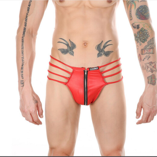 Sexy underwear for men Men's leather hollow thong patent leather sexy underwear imitation leather low waist zipper convenient SM g175 black one size fits S-XXL